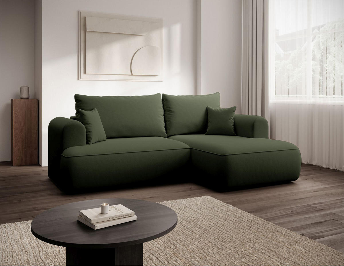 ECKSCHLAFSOFA Ovo Mini Olivgrün Easy-Clean-Samtbezug - Schwarz/Olivgrün, Kunststoff/Textil (238/156cm) - Selsey