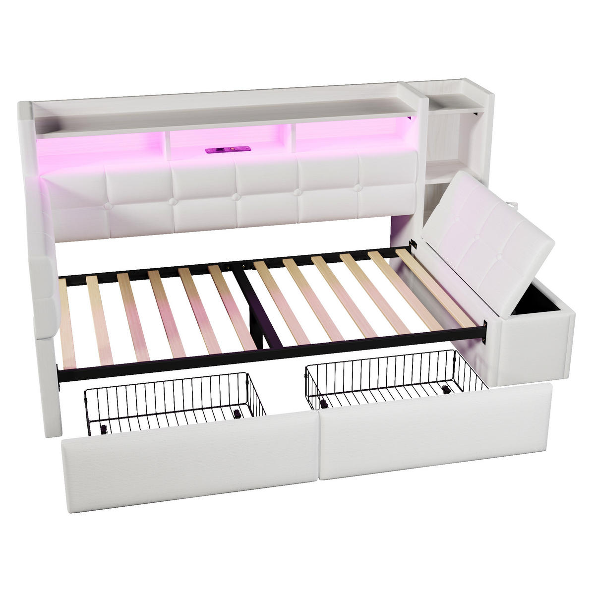 TAGEBETT 90x190cm Weiß Samt 2 Schubladen USB LED-Licht - Weiß, Holz (90/190cm) - FLIEKS