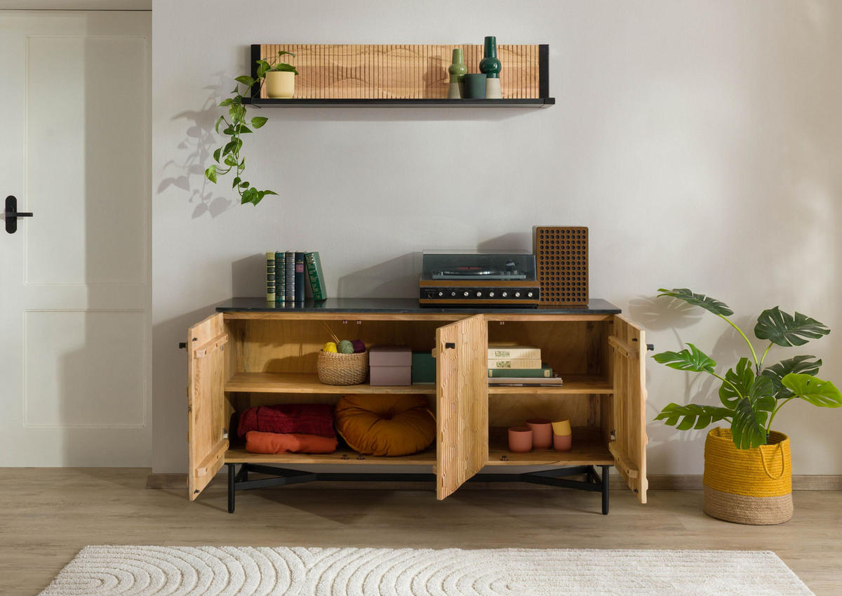 SIDEBOARD Akazie 150x40x76 natur lackiert / Marmor schwarz LONDON #100 - Braun, Holz (150/76/40cm) - Massivmoebel24