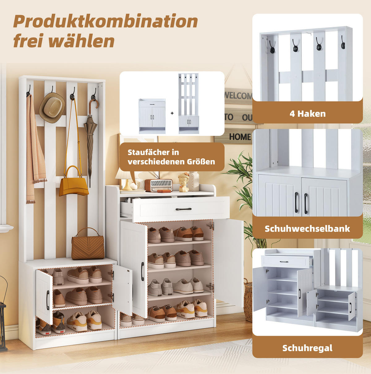 GARDEROBE 140/180/30,5 cm Weiß aus Spanplatte mit Schuhschrank und Sitzbank 3er Set - Weiß, Holzwerkstoff (30.5/180/140.6cm) - OKMYHOME