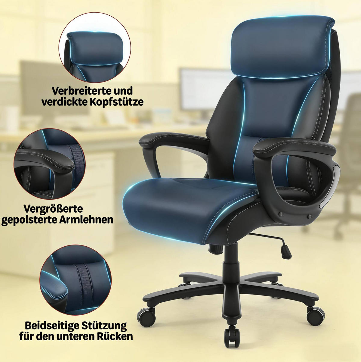 BÜROSTUHL ergonomisch höhenverstellbar 86 x 72 x 127 cm Schwarz - Schwarz, Metall (72/127/86cm) - Meubliv