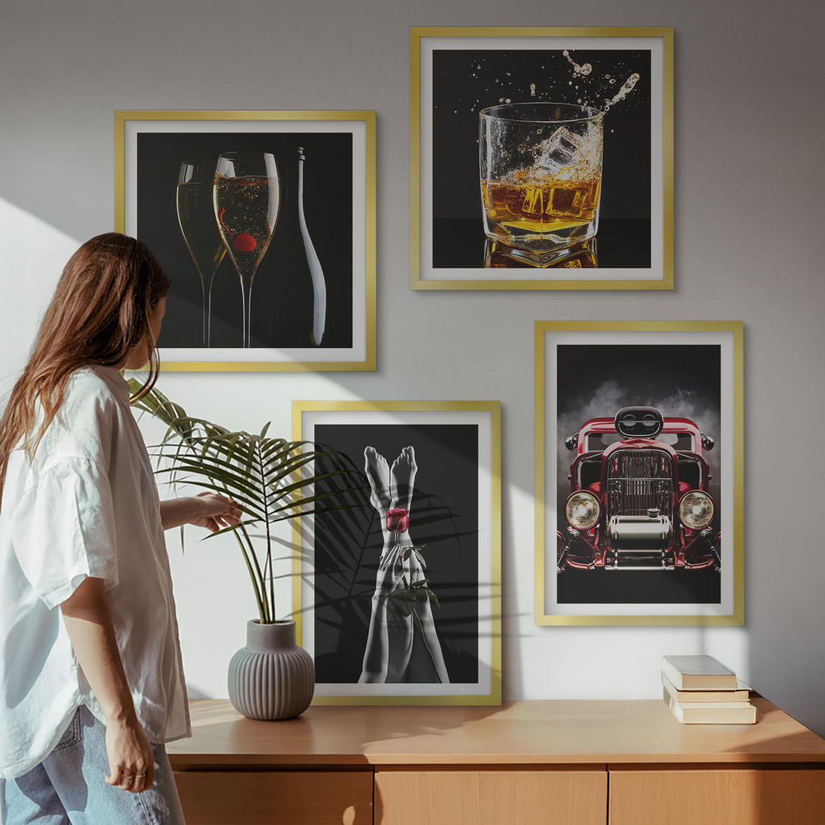 BILDER SET 4er Set - 50x50 cm & 40x60 cm Goldrahmen - Frauenbeine Rosenwagen Wein - Goldfarben, Kunststoff (50/50cm) - TULUP