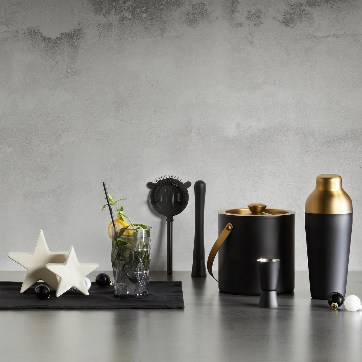 COCKTAIL-SET Glamour in Schwarz/Goldfarben,5-teilig - Schwarz, Metall (1/1/1cm) - Premium Living