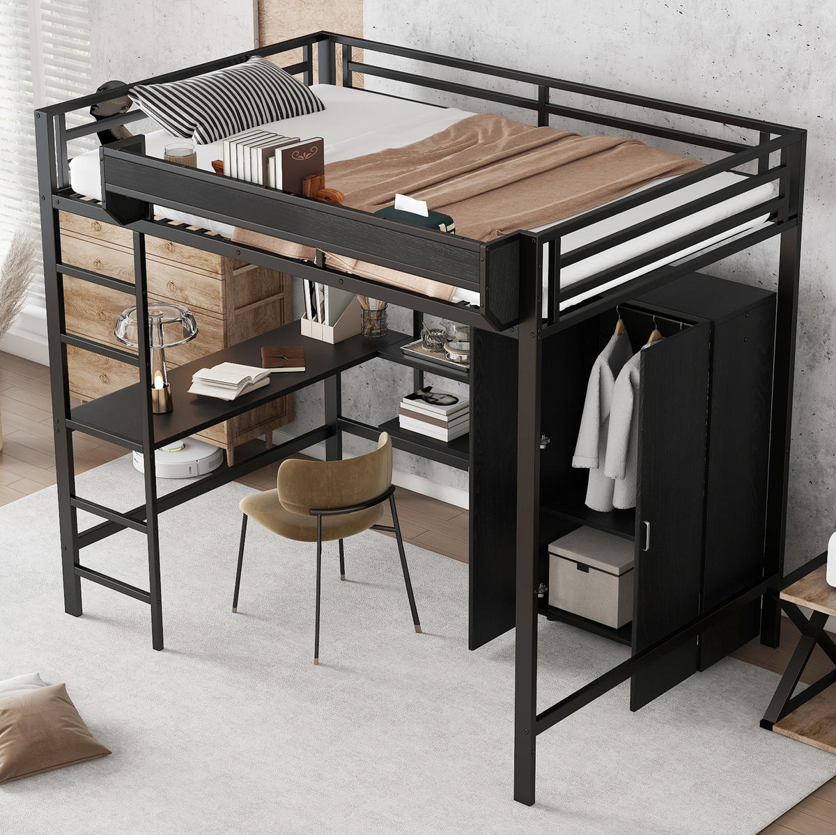 HOCHBETT 140/200 cm in Schwarz mit Schreibtisch, Kleiderschrank und Stauraum - Schwarz, Holzwerkstoff (140/200cm) - BEAOK