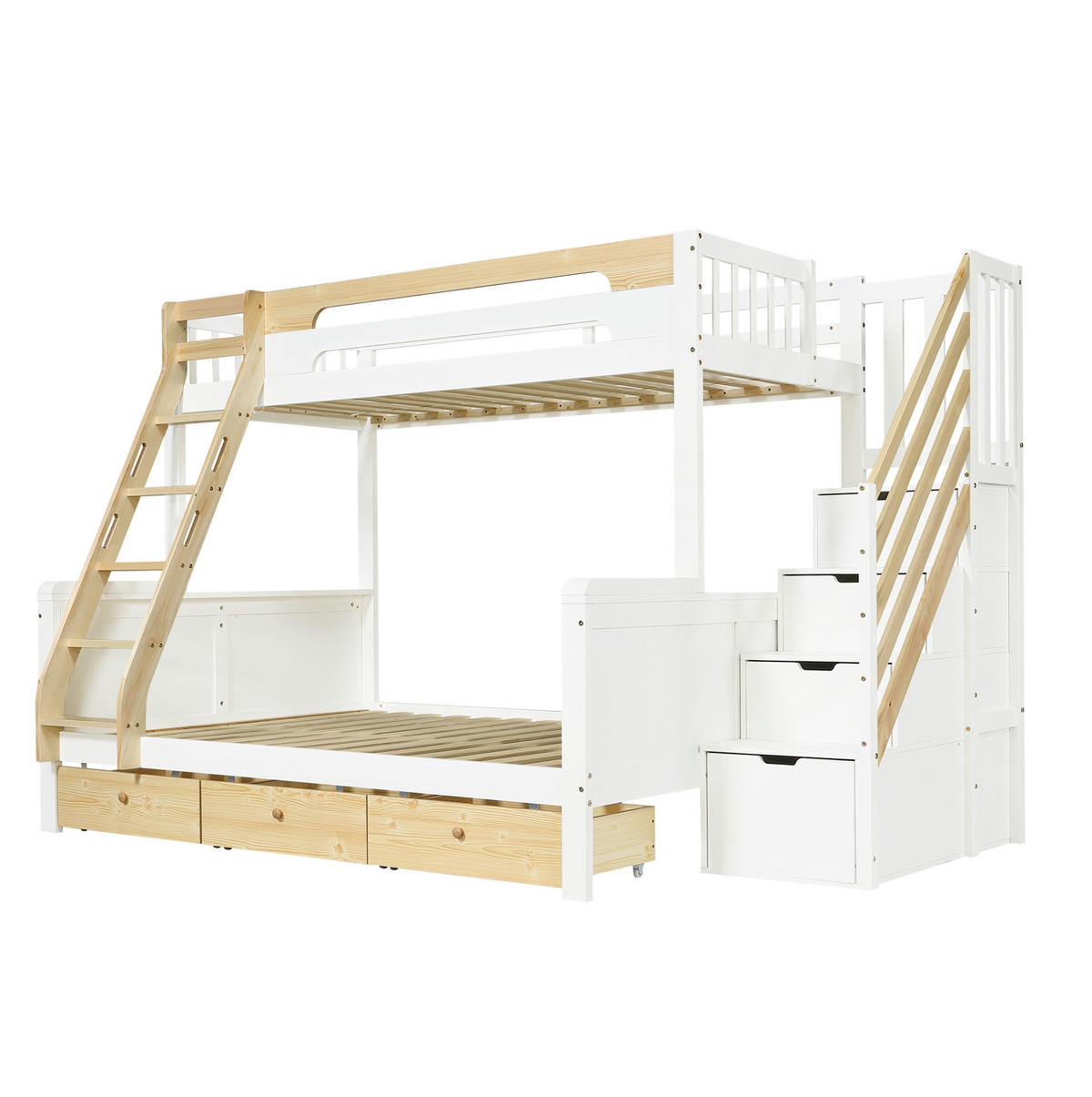 ETAGENBETT aus Massivholz 90x200/140x200 cm Weiß Natur mit Stauraumtreppe, Leiter und 3 Bettkästen - Weiß, Holz (90/200cm) - Modfu