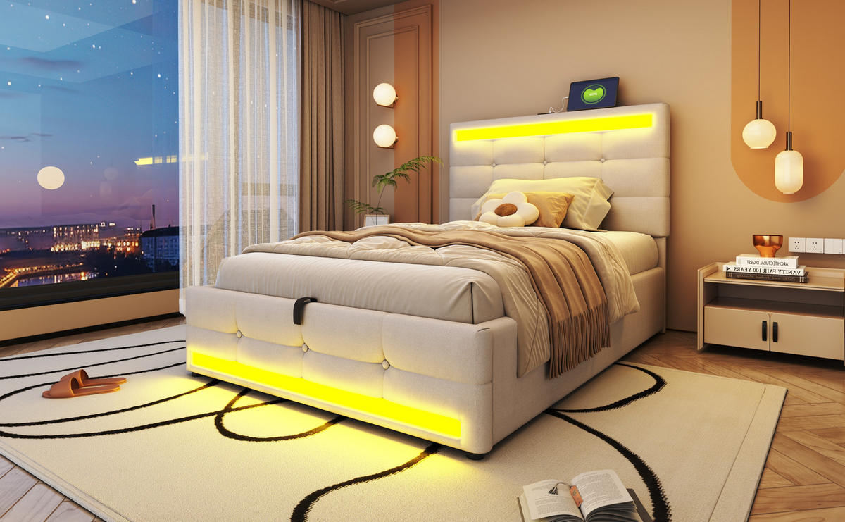 POLSTERBETT 90x200 cm mit LED, 4 Schubladen, Lattenrost, Beige - Beige, Holz (90/200cm)