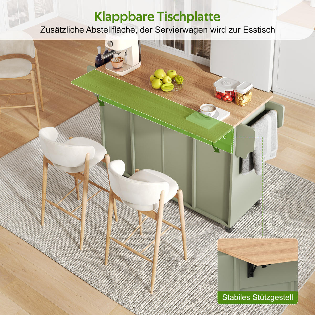 KÜCHENINSEL Auf Rollen Grün mit Klappbarer Platte & Stauraum - Grün, Holzwerkstoff (120/90/69cm) - Urban Meuble