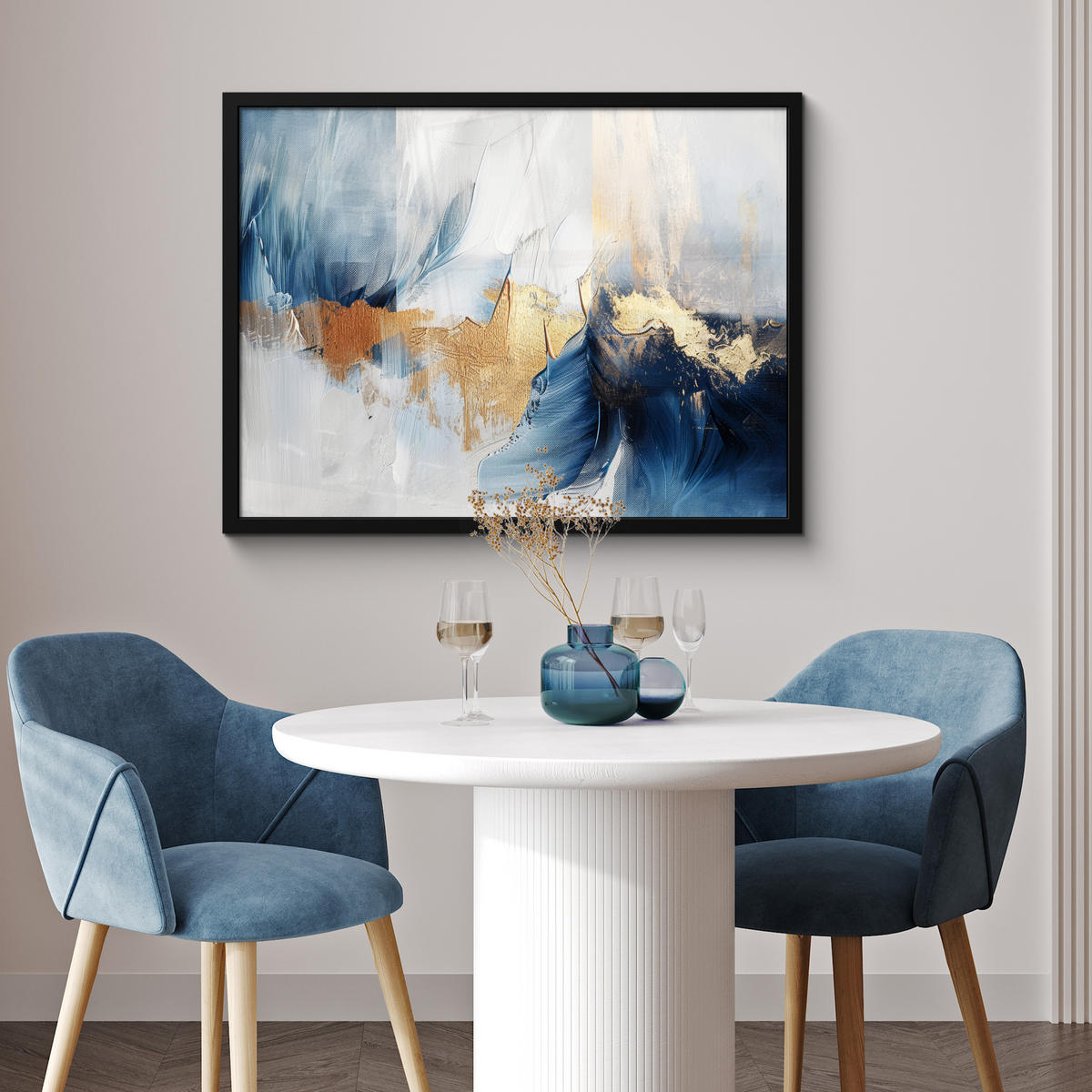 POSTER MIT RAHMEN Gold - Blau - Aquarell - Kunst - Modern 80x60 cm - Hellblau, Papier (80/60cm) - MuchoWow
