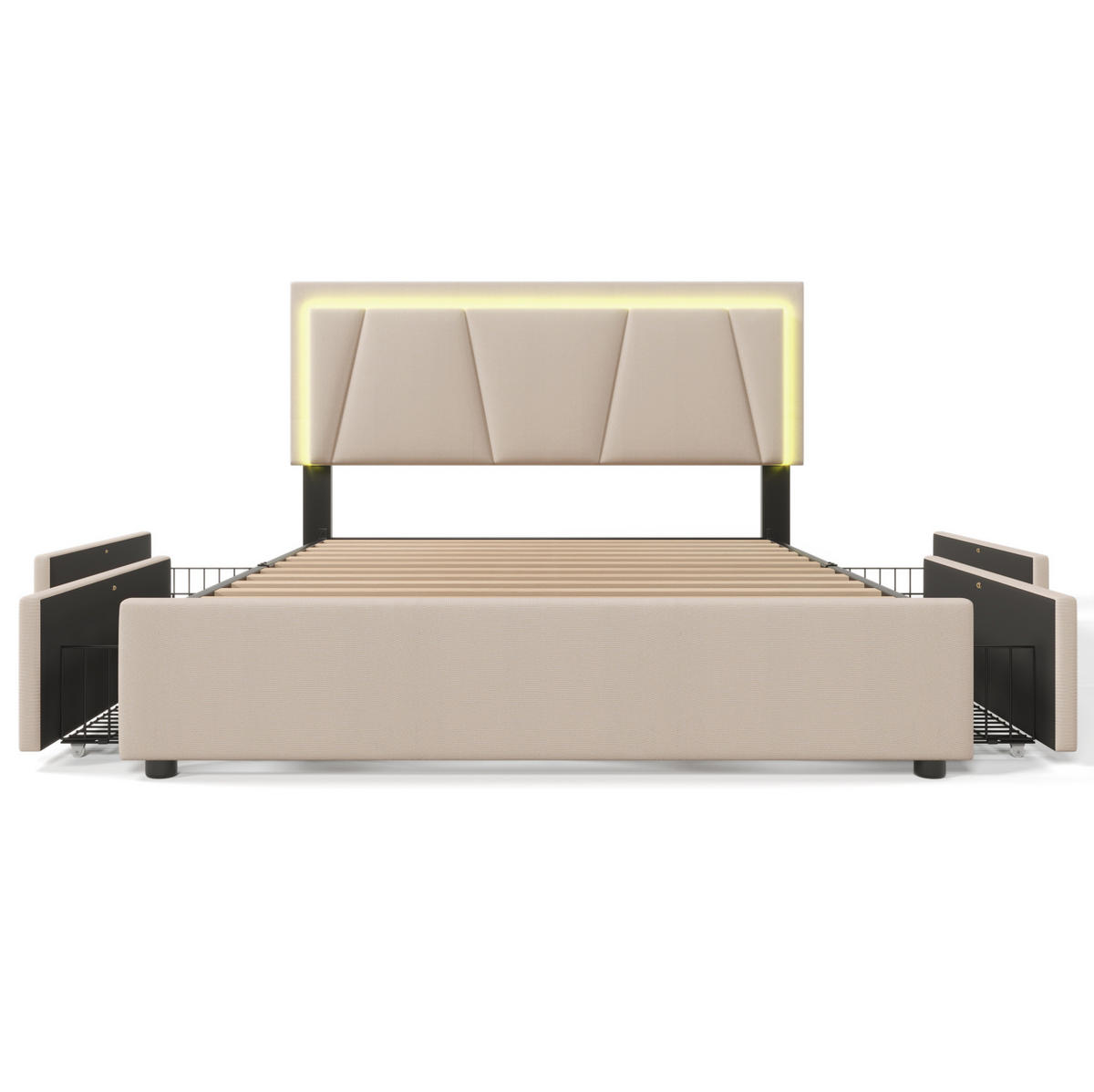 POLSTERBETT 160/200 cm mit LED-Beleuchtung, 4 Schubladen und verstellbarem Kopfteil - Beige, Holz (160/200cm) - BEAOK
