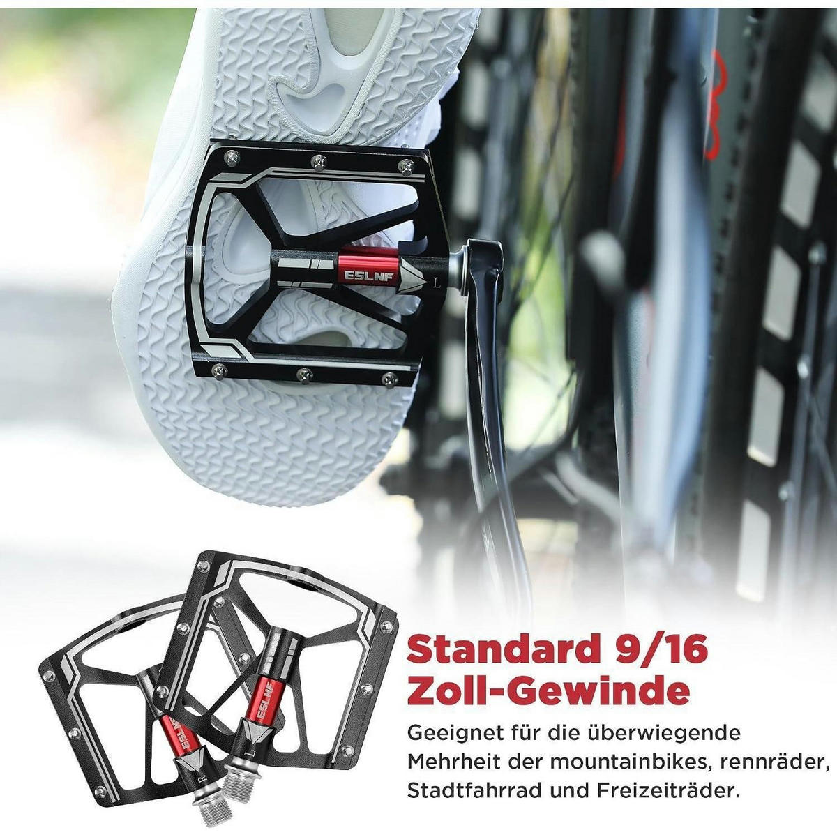FAHRRADPEDALE 2-teiliges Set Flat Pedale MTB Leicht CNC Aluminium 9/16 Zoll Schwarz-Rot - Schwarz, Metall (10/1.5/10cm)