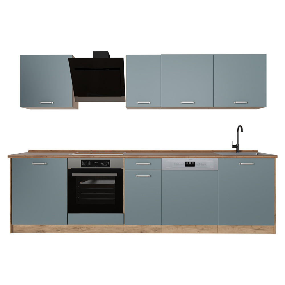 KÜCHENZEILE R-Line, Blau-Grau/Goldkraft Eiche, 280 cm Arbeitsplatte Goldkraft Eiche - Honigeiche/Blaugrau, Holzwerkstoff (280/206.8/60cm) - Vicco