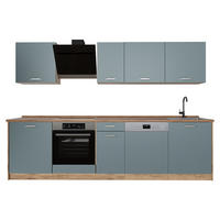 KÜCHENZEILE R-Line, Blau-Grau/Goldkraft Eiche, 280 cm Arbeitsplatte Goldkraft Eiche - Honigeiche/Blaugrau, Holzwerkstoff (280/206.8/60cm) - Vicco