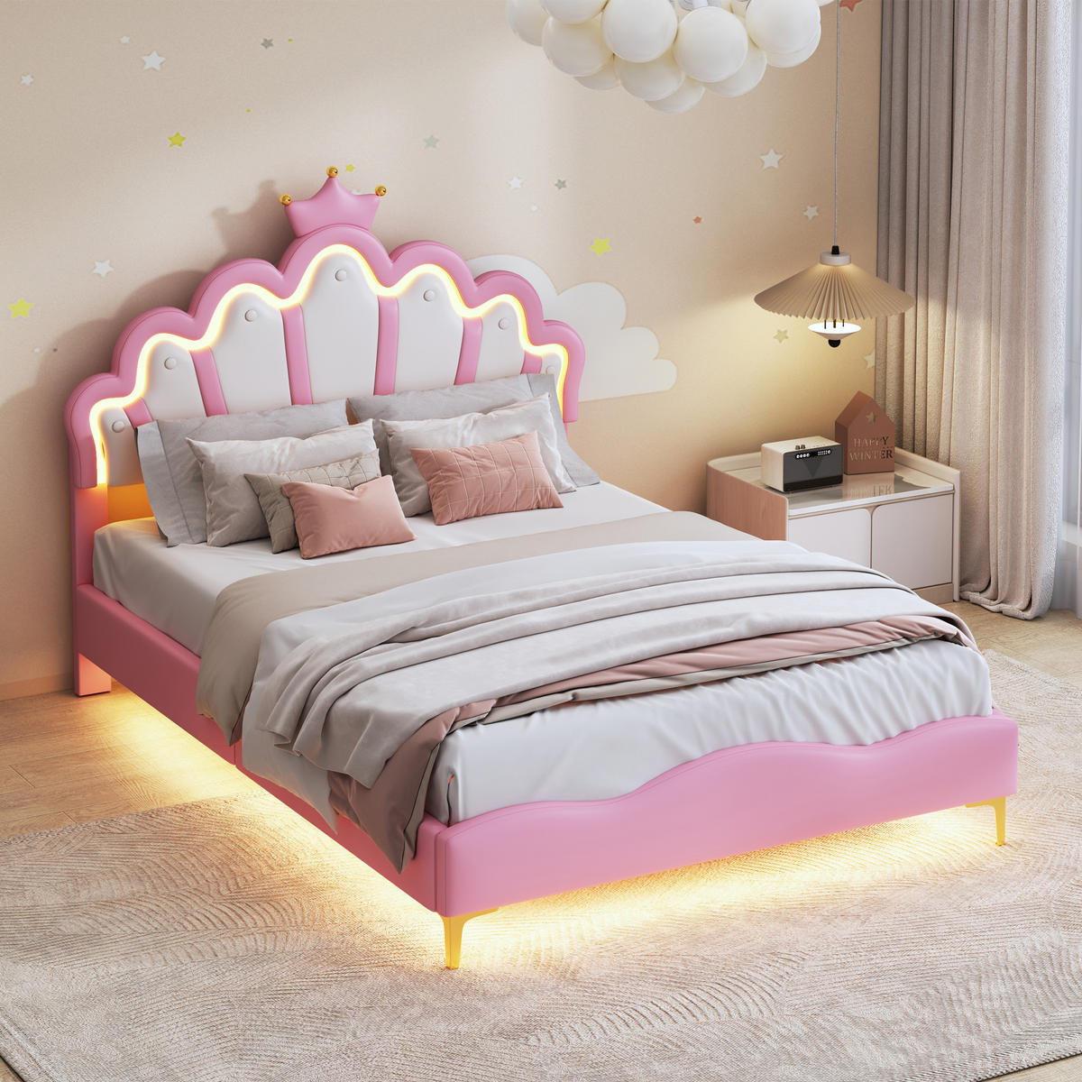 KINDERBETT MIT LED 140x200cm Wolken-Krone Design EU-Netzteil - Pink, Holz - SHOPENTRA