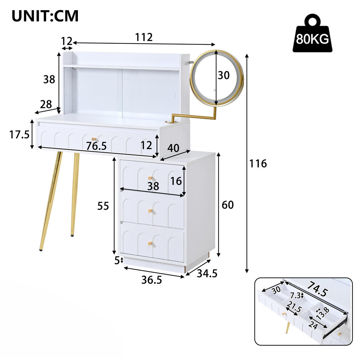 SCHMINKTISCH in Weiß Frisiertisch mit LED-Spiegel und 4 Schubladen für Schlafzimmer, B112/T40/H116cm - Transparent/Goldfarben, Holzwerkstoff/Metall (112/116/34.5cm) - STILVORA
