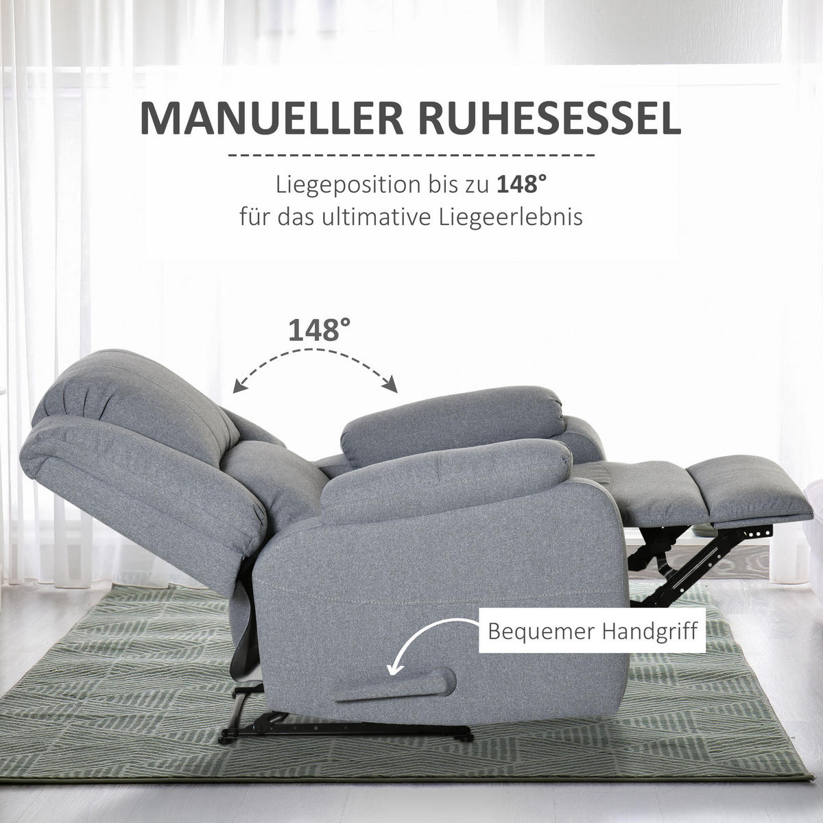 RELAXSESSEL mit Liegefunktion Fernsehsessel TV-Sessel mit Seitentasche Hellgrau - Hellgrau/Schwarz, Textil/Metall (96/98/87cm) - HOMCOM