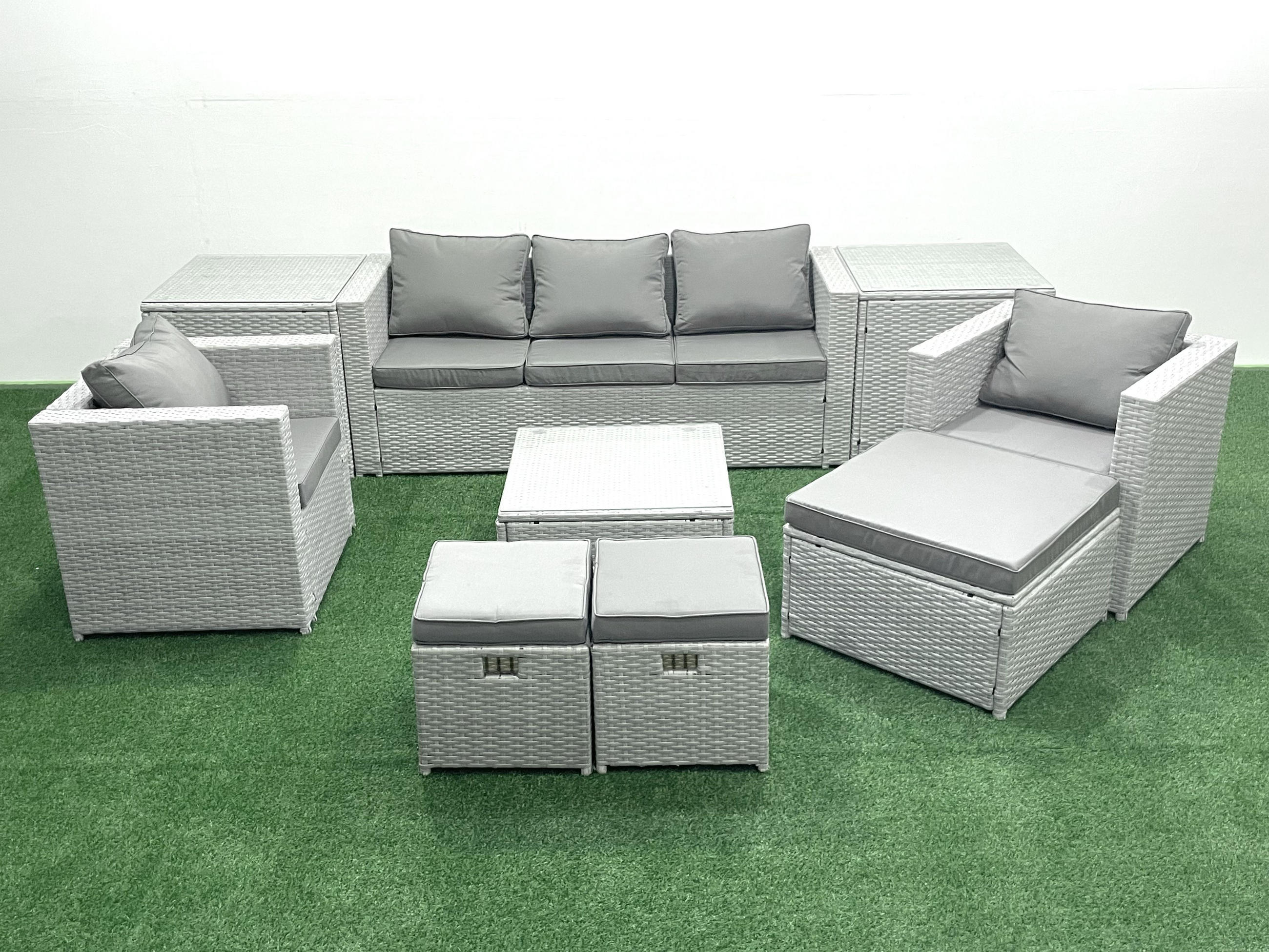GARTENMÖBEL-SET mit Kissen Polyrattan Hellgrau-Mix 8-Sitzer - Hellgrau/Grau, Glas/Kunststoff - Fimous