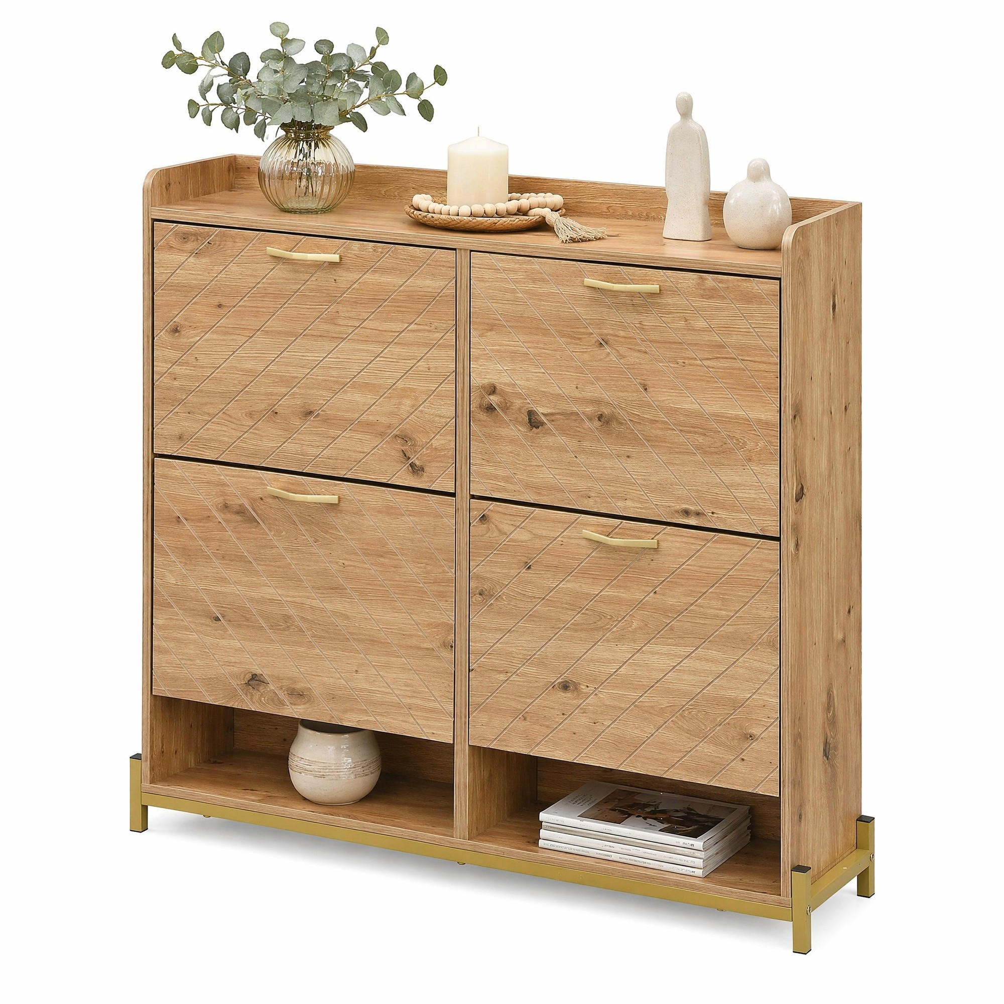 SCHUHSCHRANK in Naturfarben mit 4 Türen,platzsparend,robust und stilvoll für Flur und Eingangsbereich,B108.5/T24/H100cm - Goldfarben/Naturfarben, Holzwerkstoff/Metall (105/100/24cm) - STILVORA
