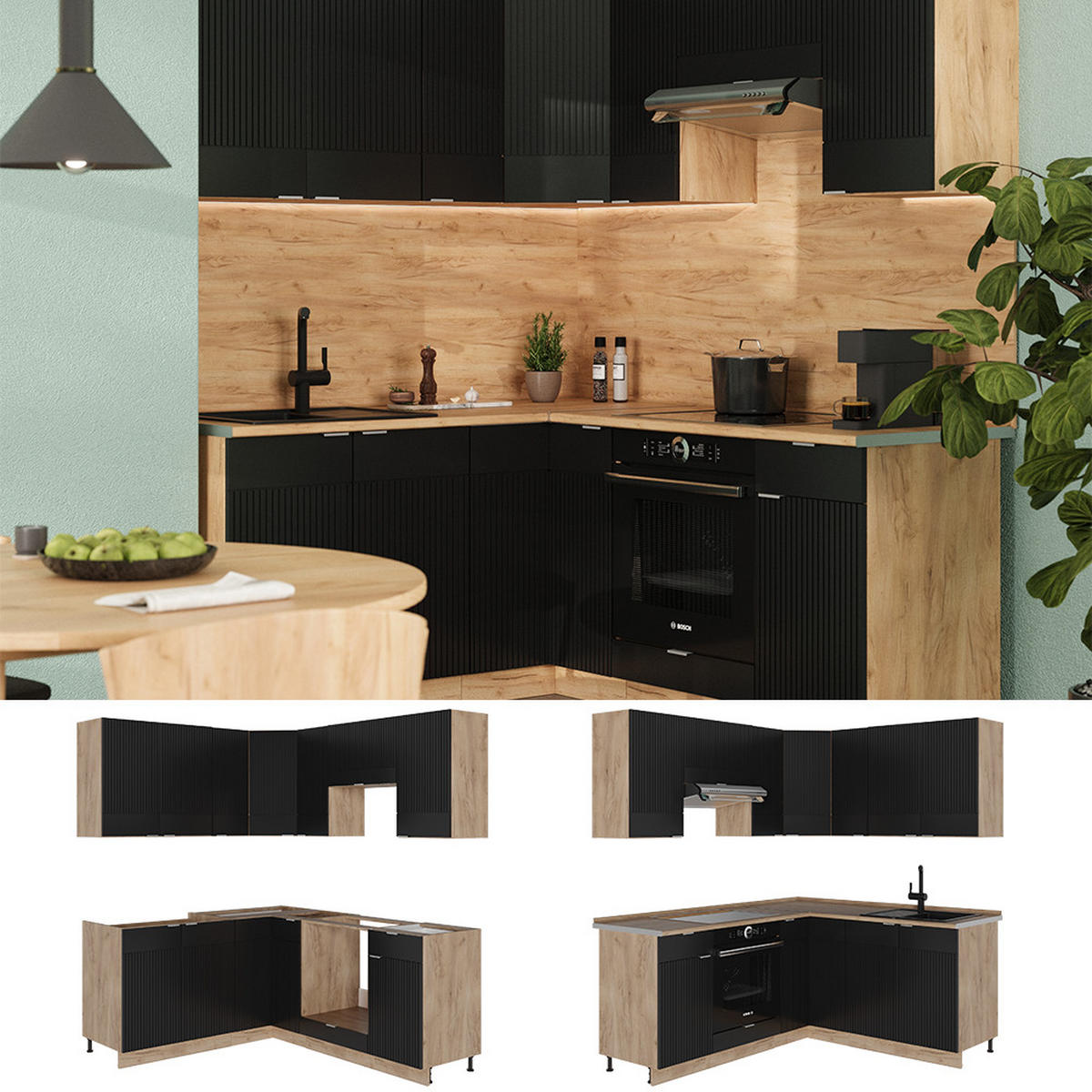 ROHOVÁ KUCHYŇ Fame-Line Černý pruhovaný/zlatý dub 190 x 46 cm bez pracovní desky - medově dubová/černá, kompozitní dřevo (190/81.6/46cm) - Vicco