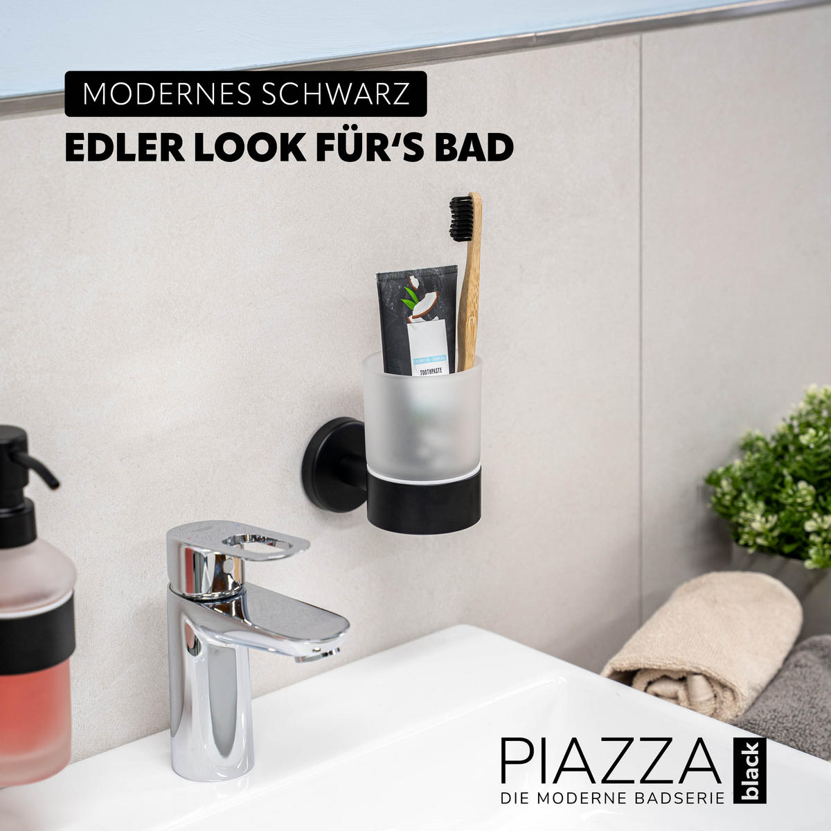 GLASBECHERHALTER PIAZZA BLACK mit Kleber, Glas und Edelstahl, schwarz - Schwarz, Metall (6.5/9.5/11cm) - bremermann