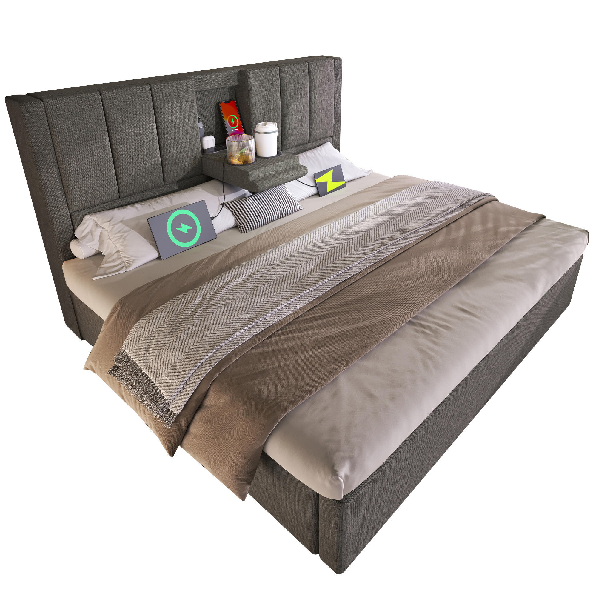 POLSTERBETT 180/200 cm mit Ladestation, versteckten Becherhaltern und Bettkasten, Leinenoptik, Grau - Grau, Textil (180/200cm) - Redom