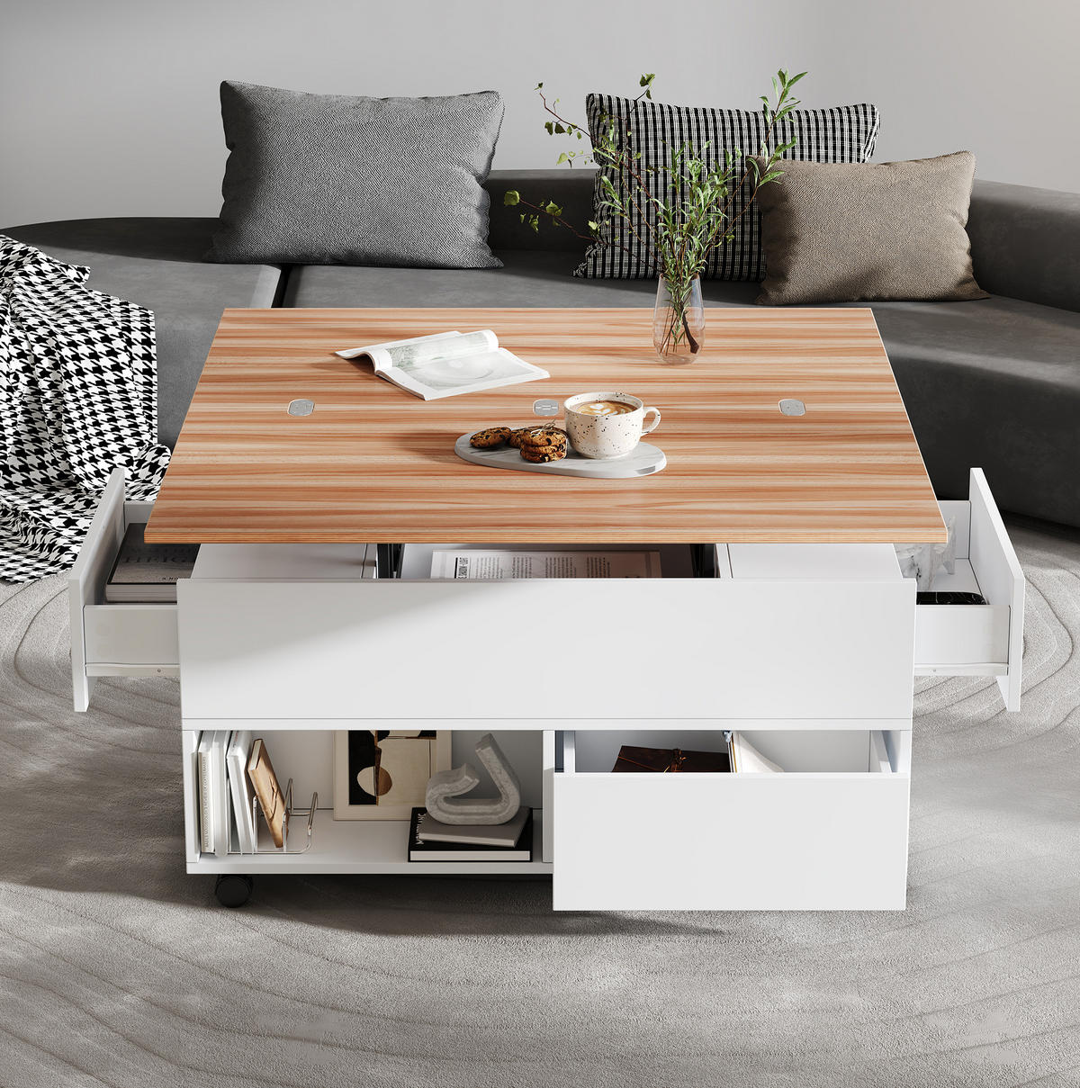COUCHTISCH 100/50/52 cm mit anhebbarer und ausklappbarer Tischplatte, 4 Schubladen und Rollen, Weiß/Eichefarben - Weiß, Holzwerkstoff (100/50/52cm) - Redom