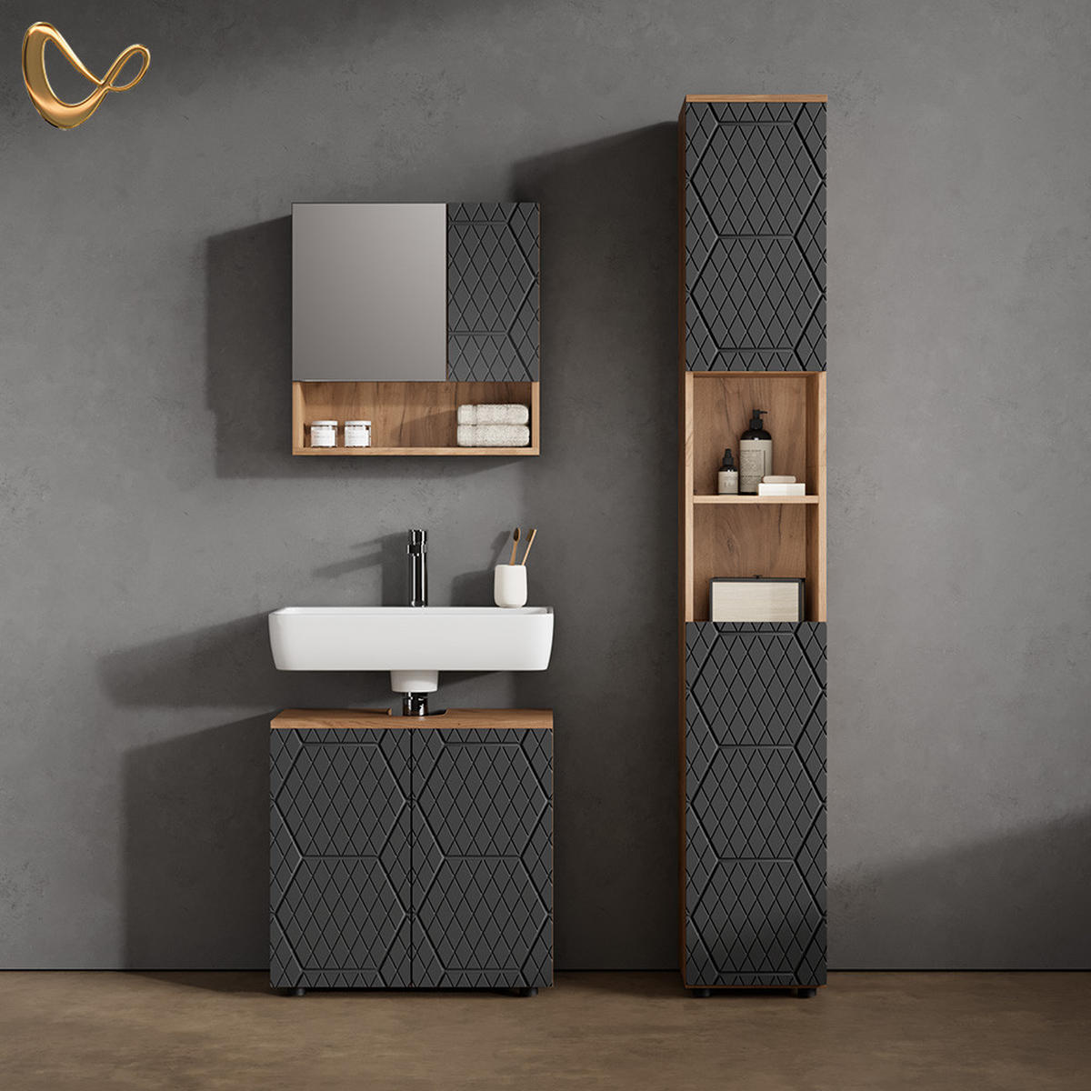 BADMÖBEL-SET Ronco Anthrazit gestreift 3 Teile, mit Hochschrank - Anthrazit, Holzwerkstoff (60/59/30cm) - Livinity®