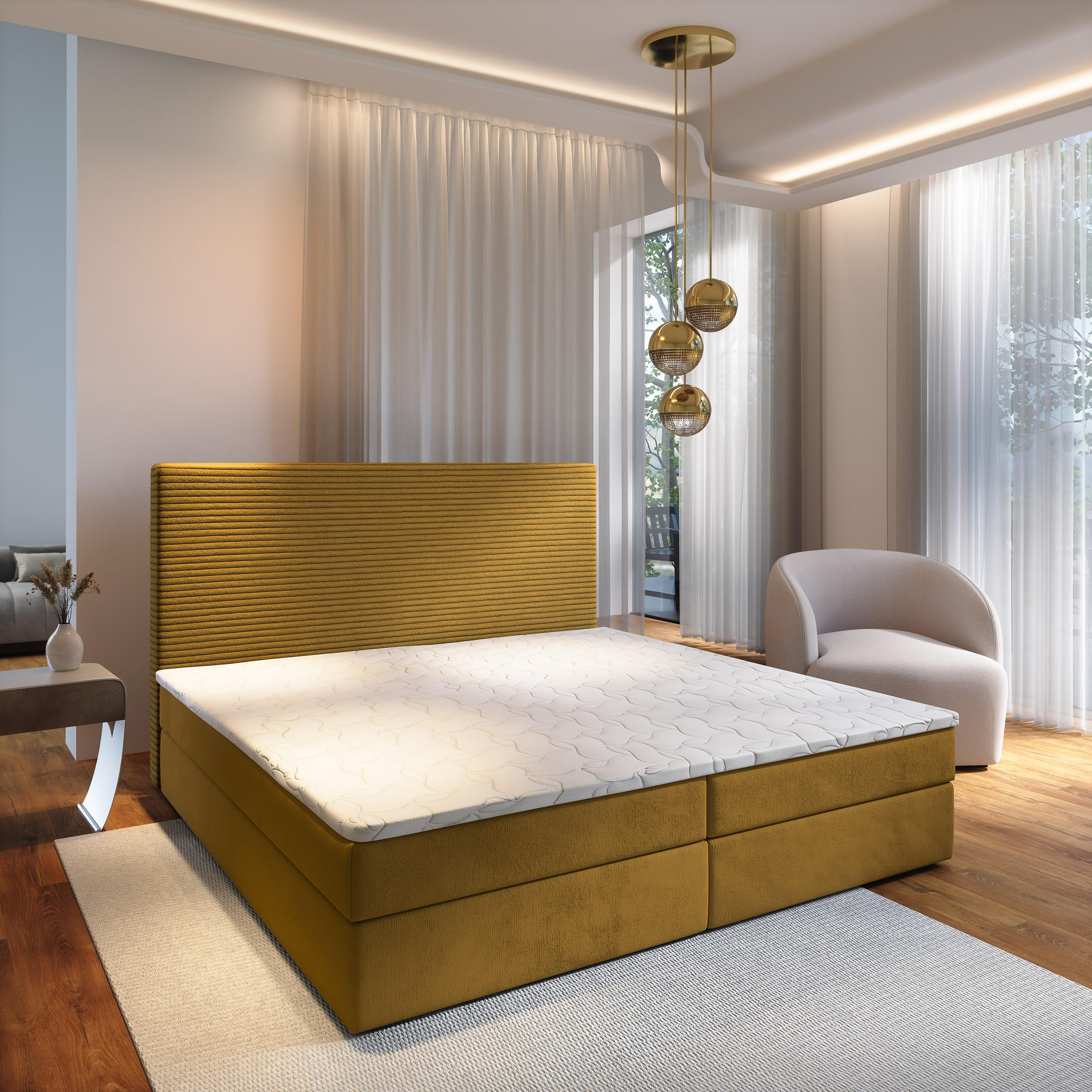 BOXBETT GIARRO 160x200 cm mit Matratze und Topper - Gelb - Gelb, Holz (160/200cm) - MASSENO