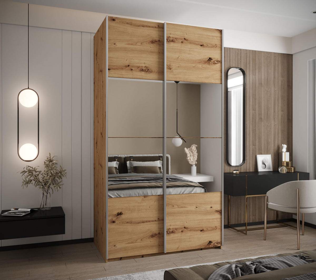 SCHWEBETÜRENSCHRANK 245,5/130/64 2-türig - Silberfarben/Eiche Artisan, Holz/Metall (130/245/64cm) - Abiks Möbel