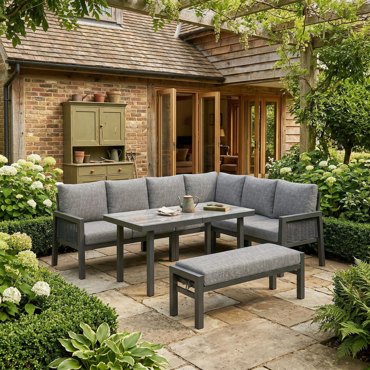 GARTEN-ESSGRUPPE 8 Personen Eckstellung Glastisch Grau - Grau, Textil - FLIEKS