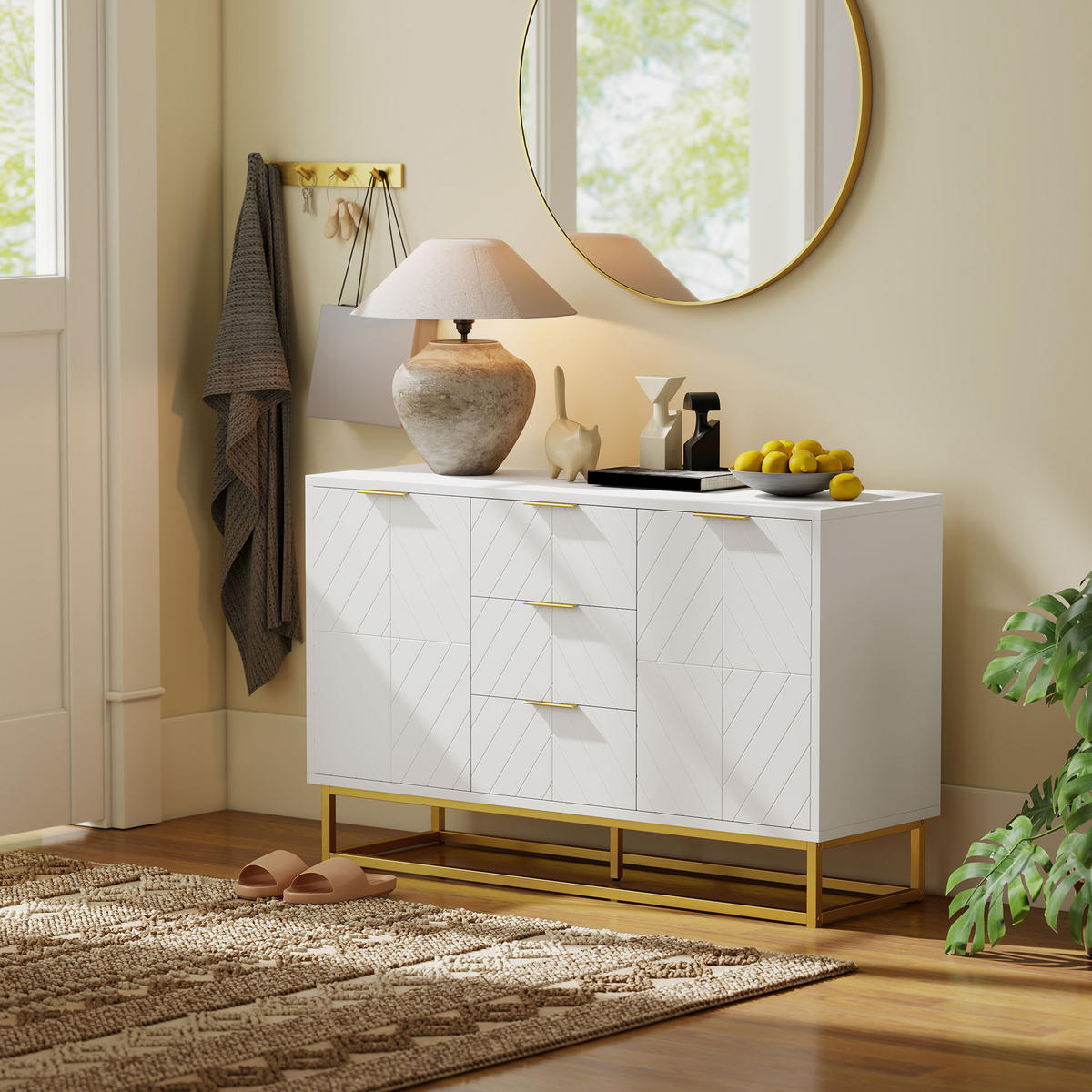 SIDEBOARD DE-10993 Grafisches Design mit 2 Türen Weiß/Gold - Weiß, Holzwerkstoff (120/76/40cm) - ComfortXL