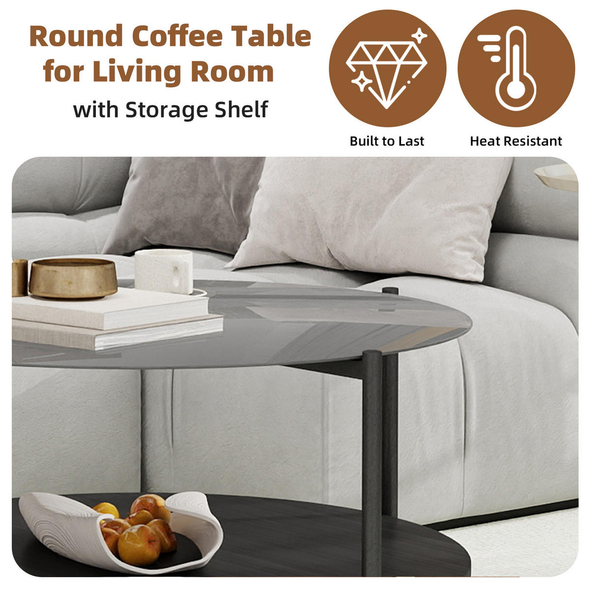 COUCHTISCH DE-37287 rund mit Glasplatte und zweistufigem Design Schwarz - Schwarz, Metall (82/82/45cm) - ComfortXL