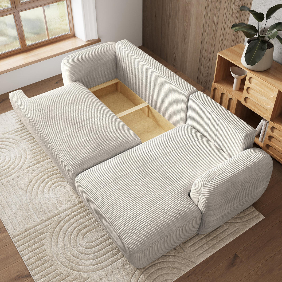 ECKSOFA MODENZA P R-S Creme Kordstoff mit Schlaffunktion - Creme, Holz (266/148cm) - MASSENO