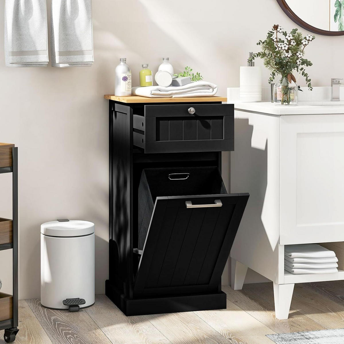 WÄSCHESCHRANK mit Wäschekorb Schwarz - Schwarz, Holzwerkstoff (40/82/37cm) - COSTWAY