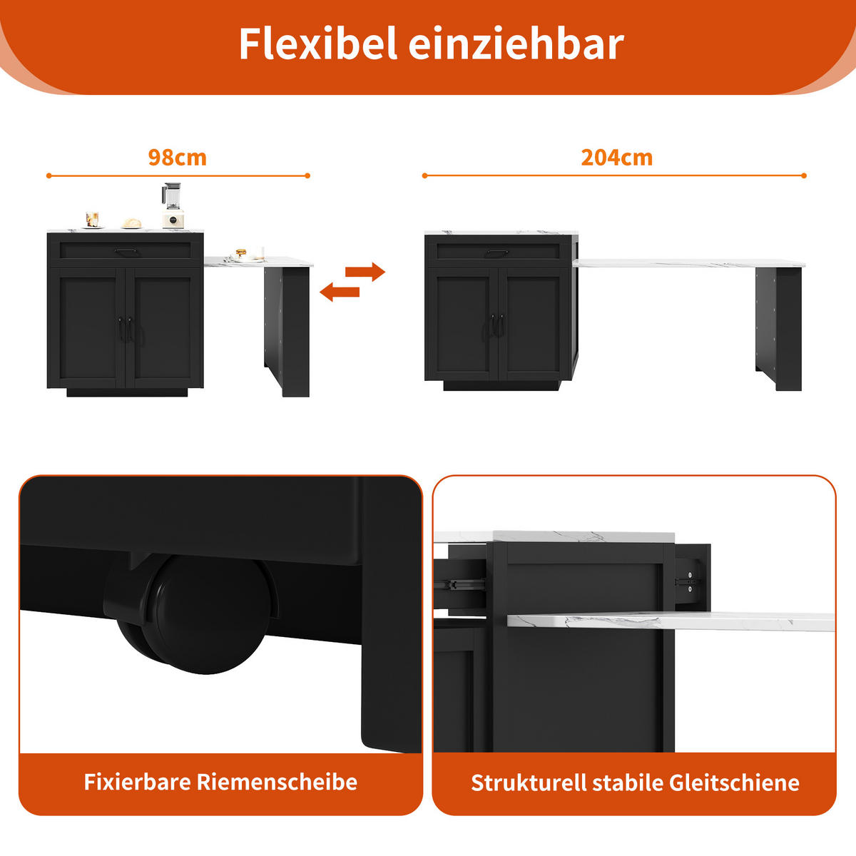 KÜCHENINSEL 133/70/93.5 cm Schwarz mit 2 Schubladen, 2 Ablageböden und seitlichem Ablagegestell - Schwarz, Holz/Holzwerkstoff (204/93.5/70cm) - Oxeza