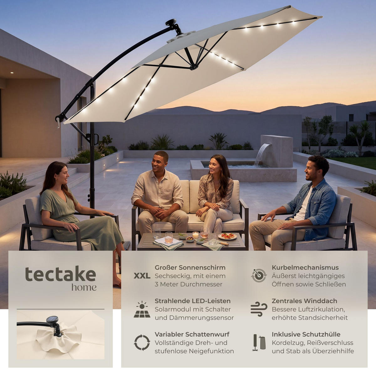 AMPELSCHIRM Artemis, mit LED Solar-Beleuchtung, inkl. Schutzhülle, beige - Beige, Metall (300/300cm) - tectake