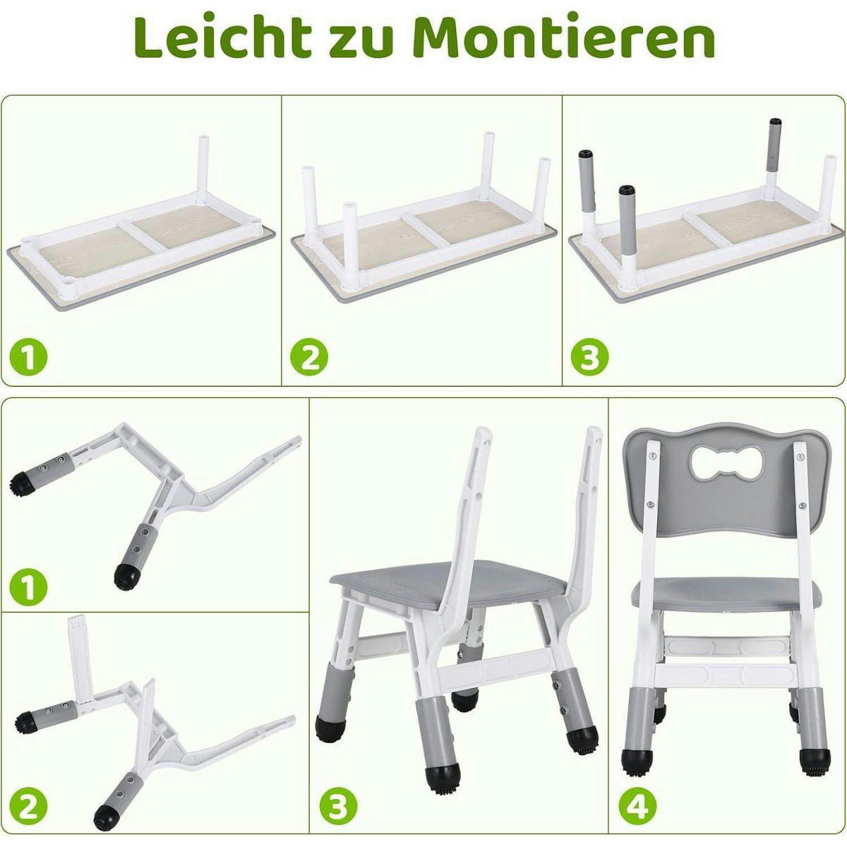 KINDERTISCH- und Stuhl-Set 5-teilig Höhenverstellbar Grau 120 x 60 cm - Grau, Kunststoff (60/60/120cm)