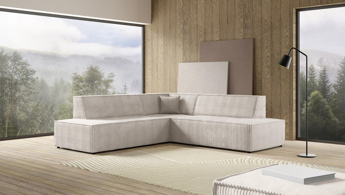 ECKSOFA TESSO II L-S Creme Kordstoff mit Schlaffunktion - Creme, Holz (254/254cm) - MASSENO