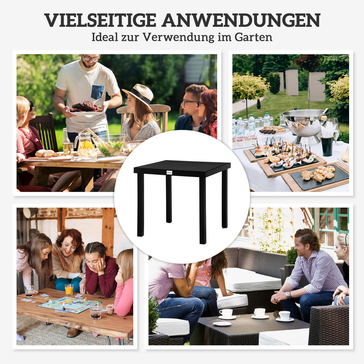 GARTENTISCH DE-07300 für 4 Personen, Holzoptik mit Aluminiumrahmen Schwarz - Schwarz, Kunststoff/Metall (78/78/74cm) - ComfortXL