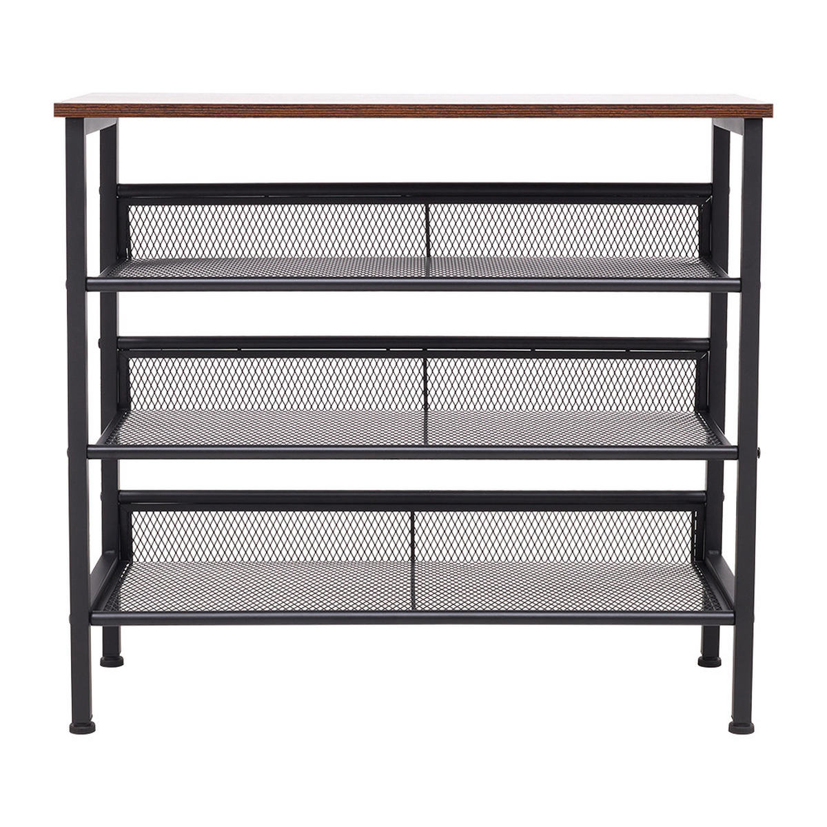 SCHUHREGAL 4-stufig aus Metall in Schwarz Holzplatte Mesh Kompakte Bauweise Flexible Regalhöhe Dekorative Holzplatte 73 × 29,5 × 67,5 cm 9,5 kg - Schwarz, Metall (73/67.5/29.5cm) - Livingandhome