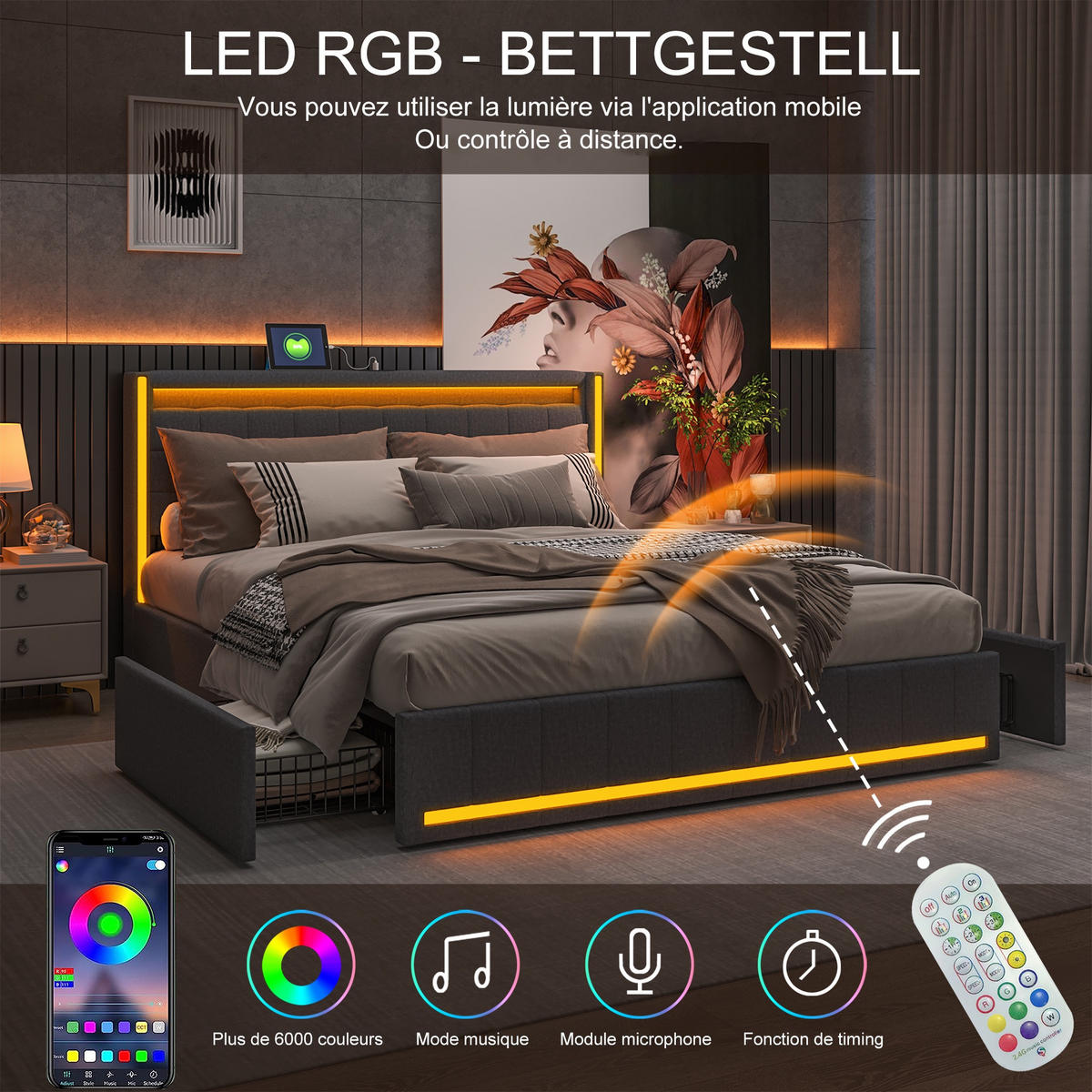 POLSTERBETT 140x190 cm Lumina Smart mit 3-Zonen RGB-LED, USB & USB-C, 4 Schubladen, Leinen-Optik, Dunkelgrau - Grau, Textil (140/190cm) - DELFA