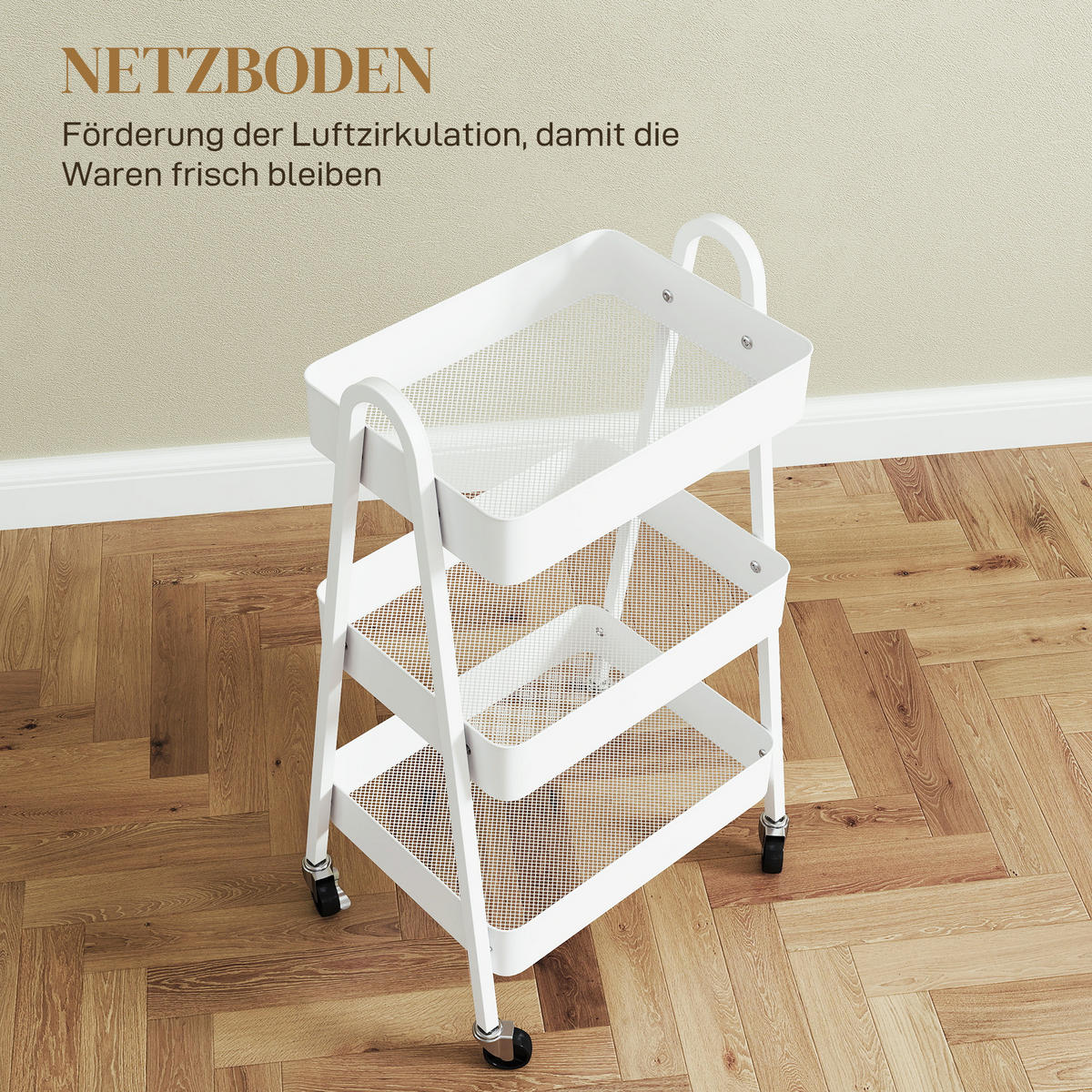SERVIERWAGEN mit 3 Ebenen Küchenwagen mit Rollen Griff, Weiß - Weiß, Metall (42.4/74.5/29.8cm) - HOMCOM
