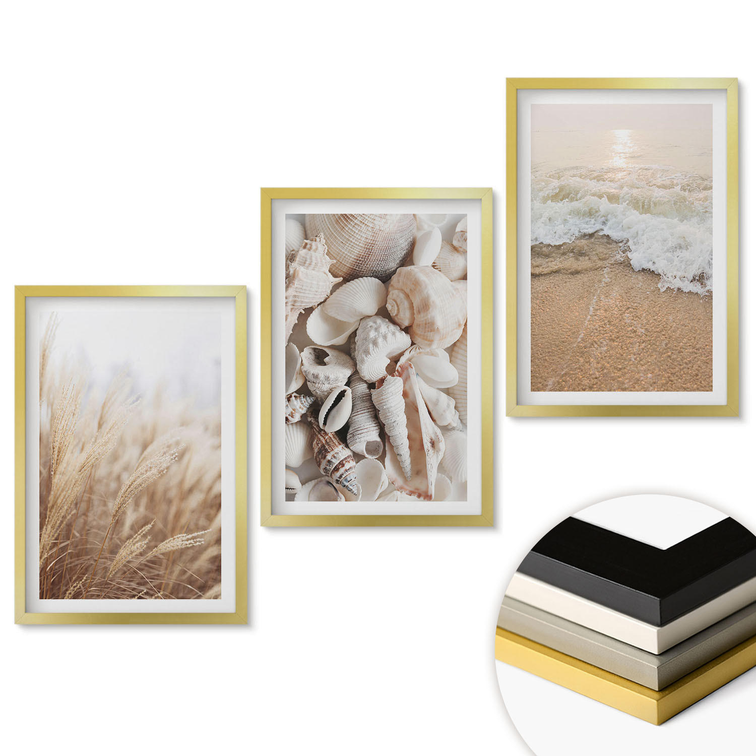 WANDBILDER 3er Set - 40x60 cm Goldrahmen - Strandmotive, Muscheln, Wellen - Goldfarben, Kunststoff (40/60cm) - ArtPrintCave