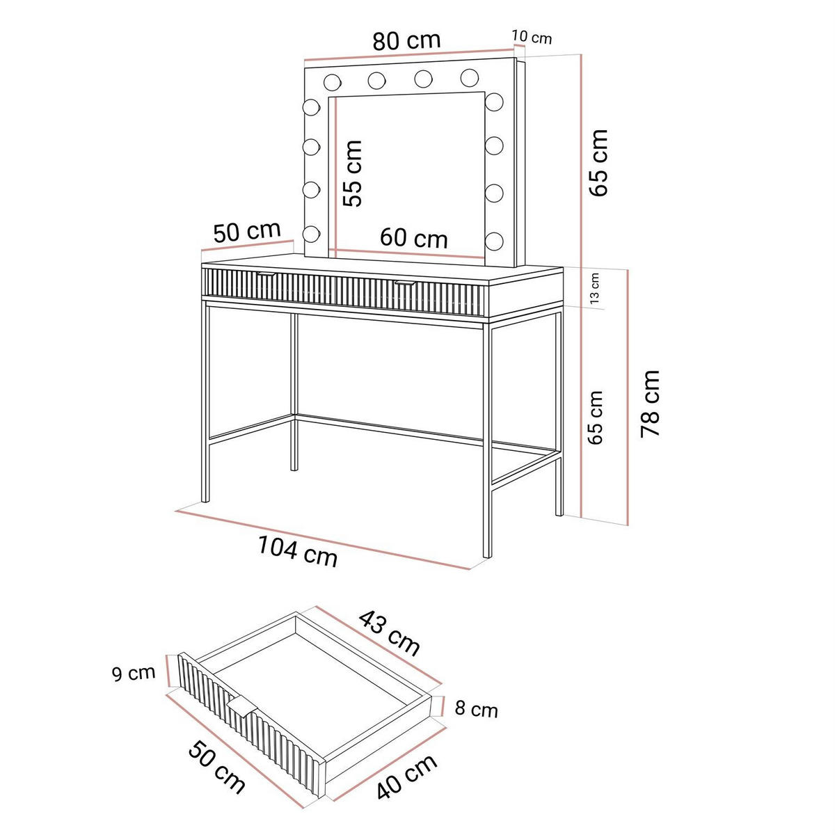 SCHMINKTISCH MIT SPIEGEL CORTADO GOLD T104 WEISS - Weiß, Holzwerkstoff (104/78/50cm) - Lookway