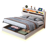 POLSTERBETT aus Leinen 140x200 cm Beige mit LED-Beleuchtung, USB-Anschluss und hydraulischem Stauraum - Beige, Textil (140/200cm) - Modfu