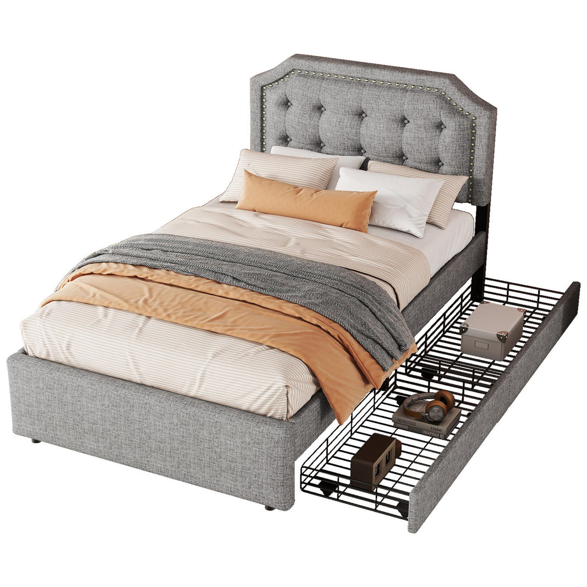 POLSTERBETT 90/200 cm grau mit Aufbewahrung und verstellbarem Nachttisch - Grau, Textil (90/200cm) - OKWISH