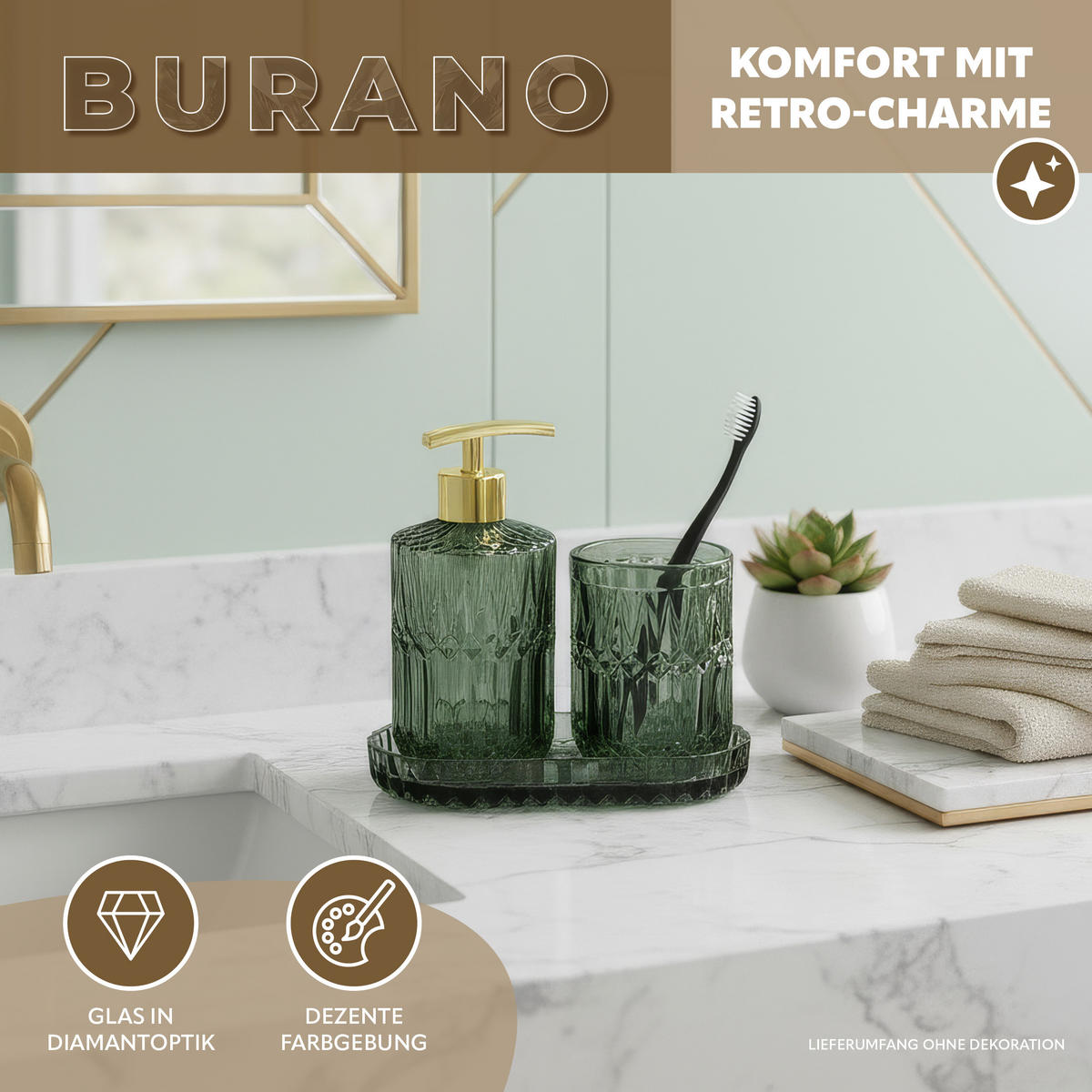 BADEZIMMER-SET BURANO 3tlg. grün, Glas - Grün, Glas (18.5/2.5/10cm) - eluno