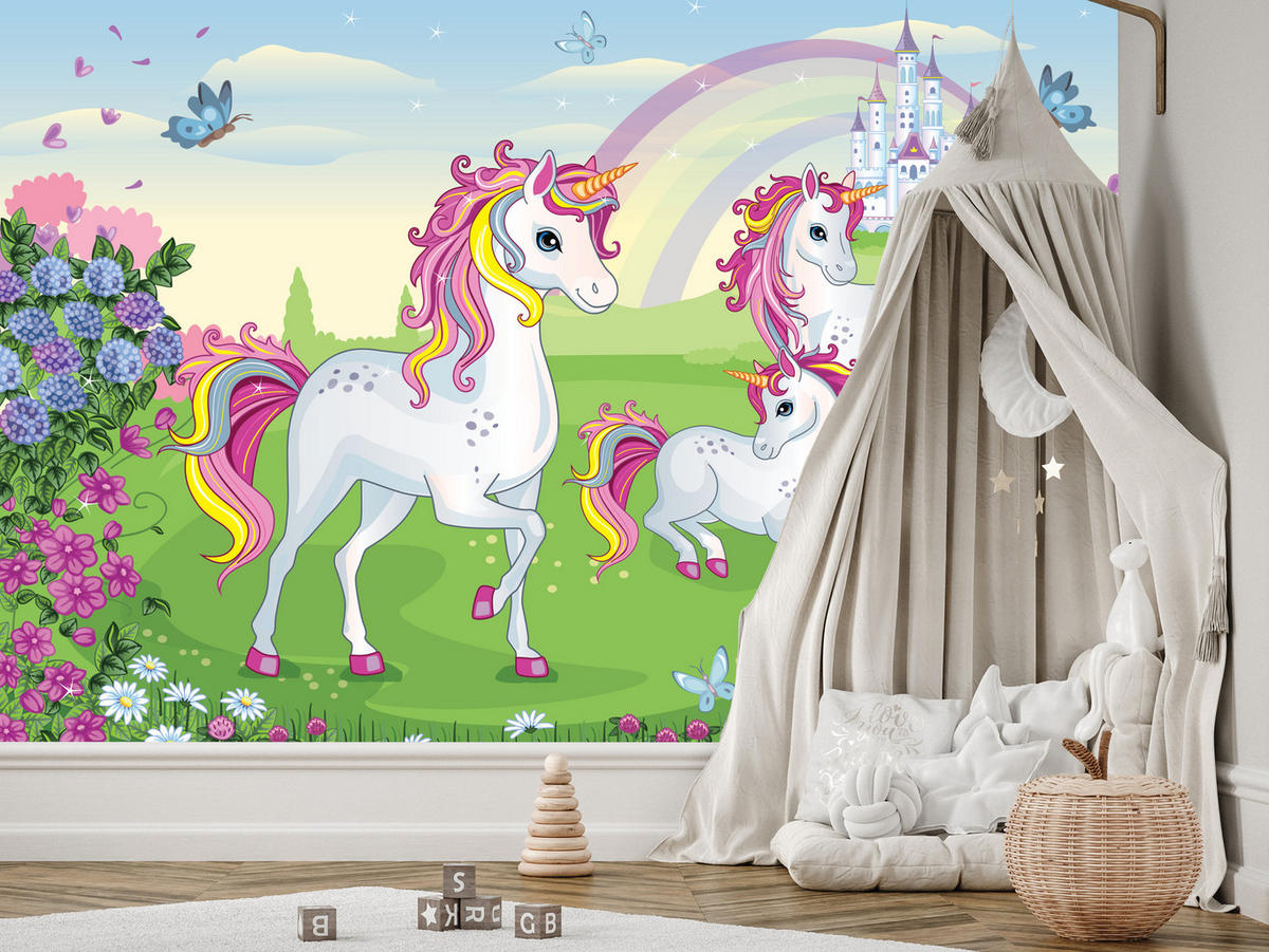 FOTOTAPETE für Kinderzimmer Einhorn Schloss Blumen Märchen 100x70 - Gelb/Violett, Papier (100/70cm) - Muralo