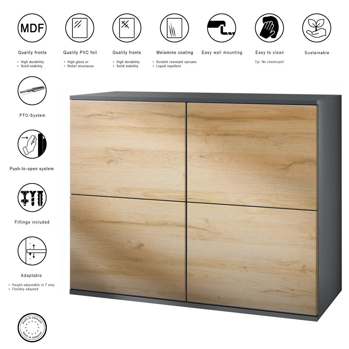 KOMMODE Rova Grau Hochglanz - Grau, Holzwerkstoff (92.5/73.5/35cm) - Vladon
