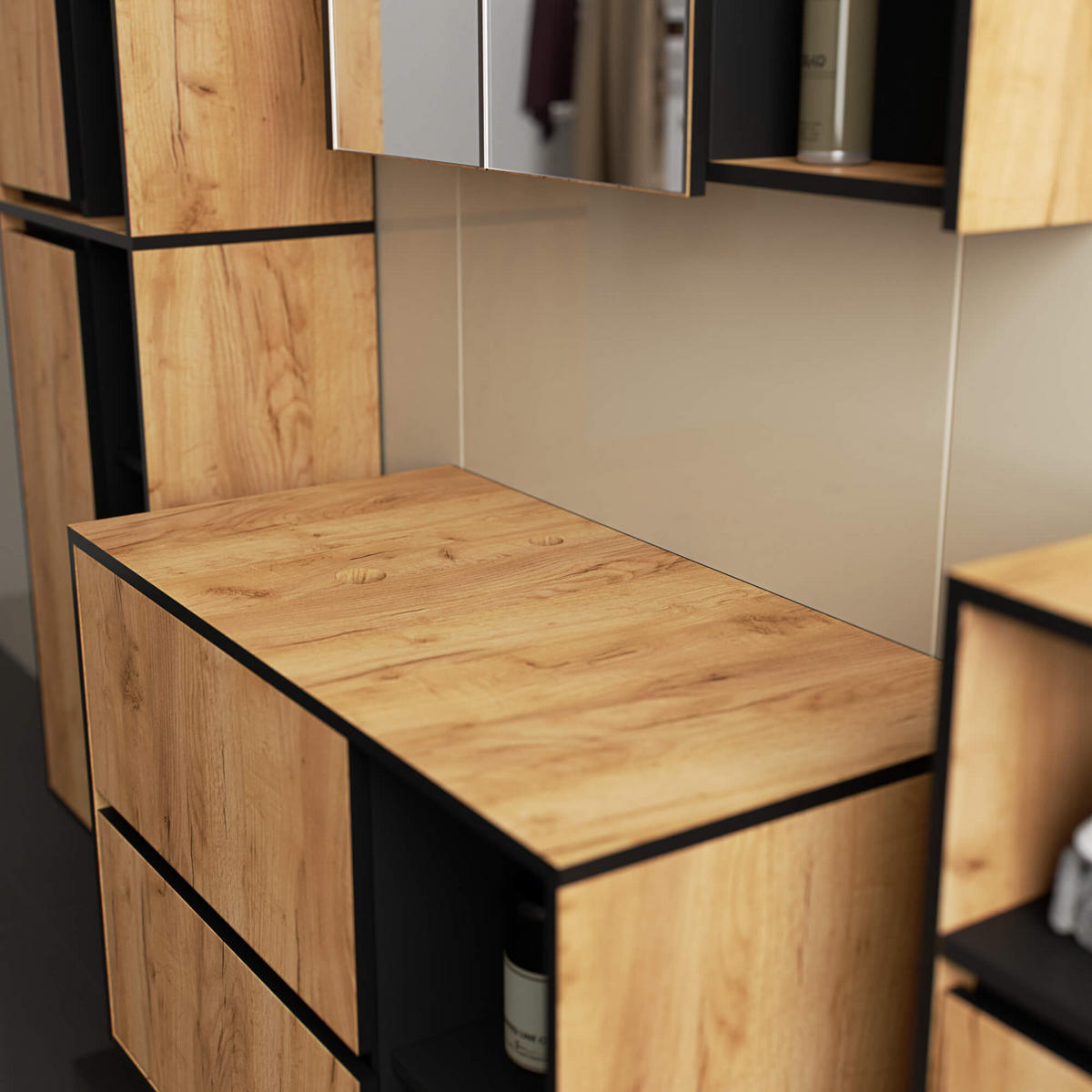 WASCHBECKENUNTERSCHRANK Vami Craft-Eichenfarben, Schwarz - Eichefarben/Schwarz, Holzwerkstoff (90/60/45.5cm) - Akord