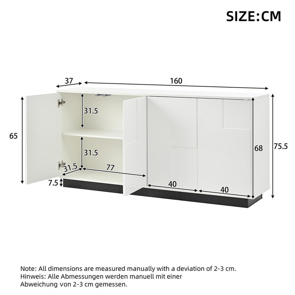 SIDEBOARD 160 x 37 x 75.5 cm mit 4 Türen,Weiß - Weiß, Holzwerkstoff (37/75.5/160cm) - KOMHTOM
